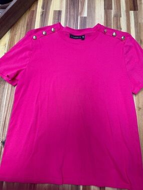 Rafaella Hot Pink Short Sleeve Top with Gold Shoulder Buttons